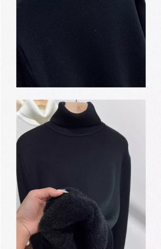 Women's Turtleneck Sweater Winter 2024 Retro Red with Velvet Lining Thickened Inner Wear Thermal Knitting Bottoming Shirt