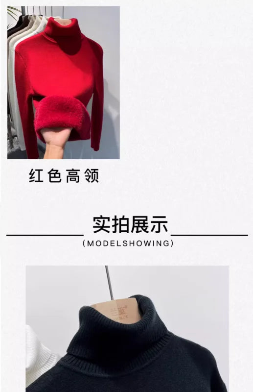Women's Turtleneck Sweater Winter 2024 Retro Red with Velvet Lining Thickened Inner Wear Thermal Knitting Bottoming Shirt