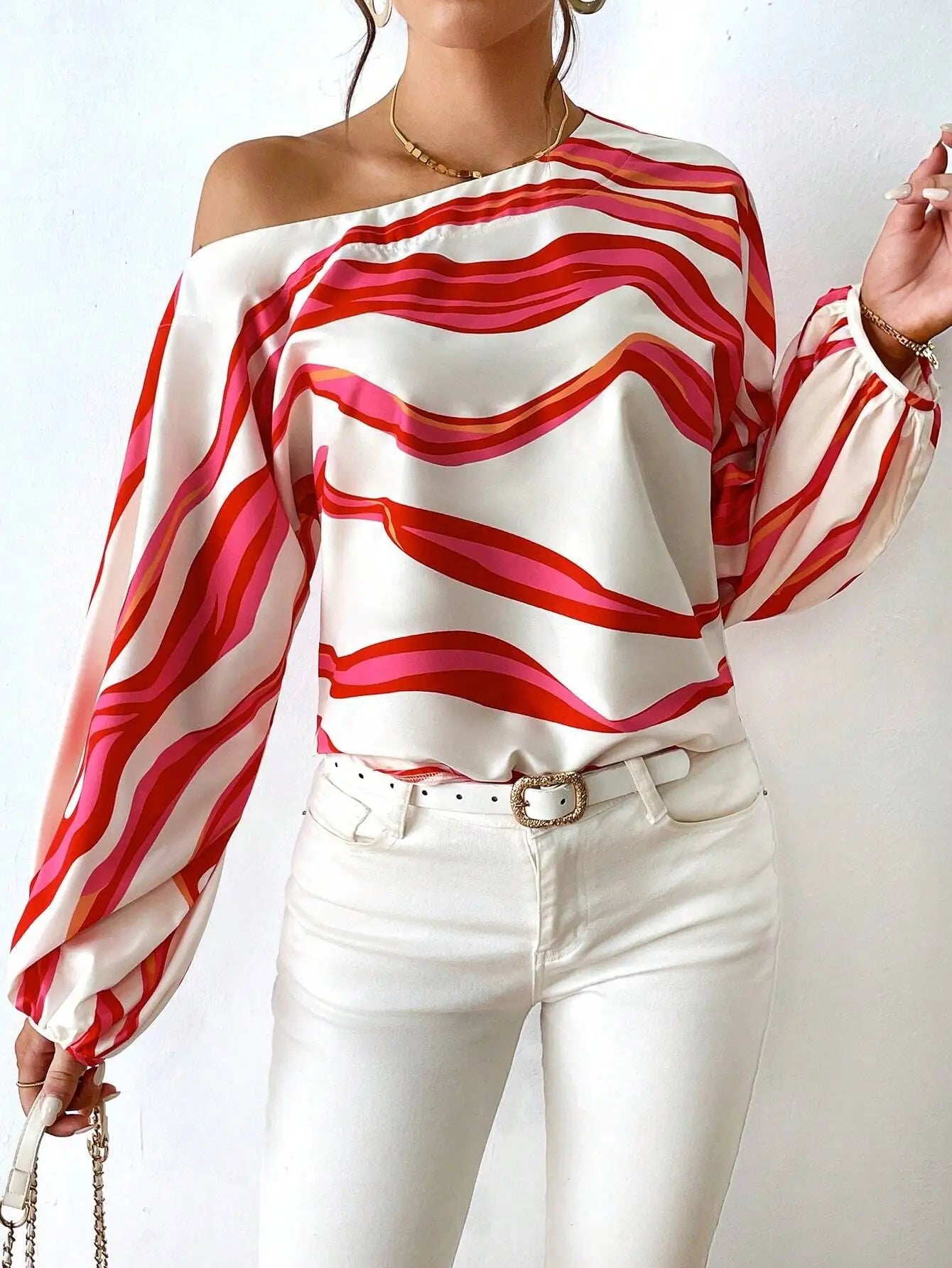 Printed Loose Women's Shirt Women One Shoulder Long Stripesd Blouse Top White Blouse Blusen Damen 2024 Sommer Chemisier Femmes