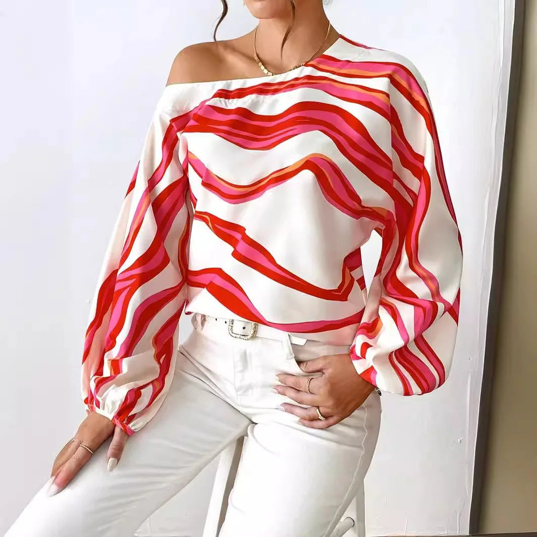 Printed Loose Women's Shirt Women One Shoulder Long Stripesd Blouse Top White Blouse Blusen Damen 2024 Sommer Chemisier Femmes