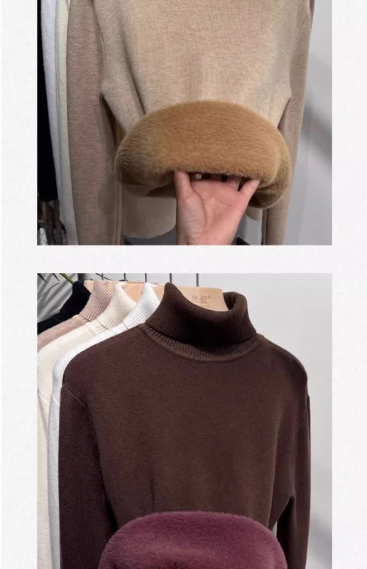 Women's Turtleneck Sweater Winter 2024 Retro Red with Velvet Lining Thickened Inner Wear Thermal Knitting Bottoming Shirt