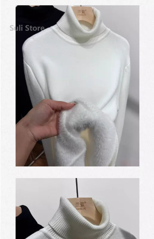 Women's Turtleneck Sweater Winter 2024 Retro Red with Velvet Lining Thickened Inner Wear Thermal Knitting Bottoming Shirt