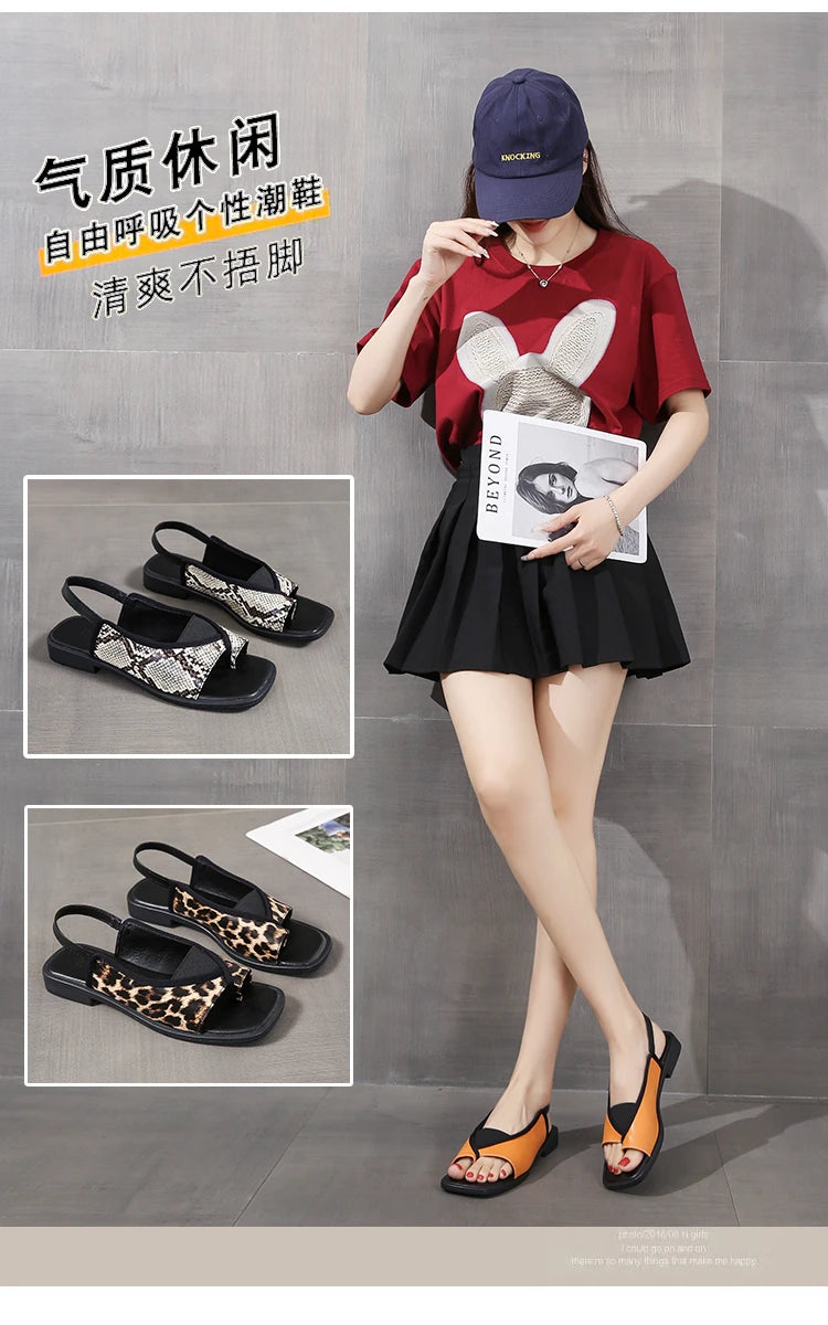 Womens Sandals New Summer Casual Vintage Open Toe Flip Flops Fashion Beach Flat Basic Square Head Leopard Pattern Designer Shoes