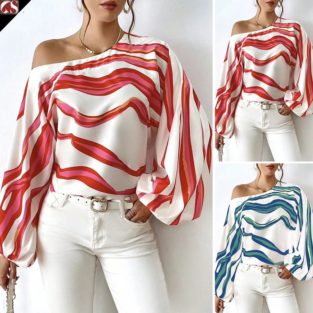 Printed Loose Women's Shirt Women One Shoulder Long Stripesd Blouse Top White Blouse Blusen Damen 2024 Sommer Chemisier Femmes