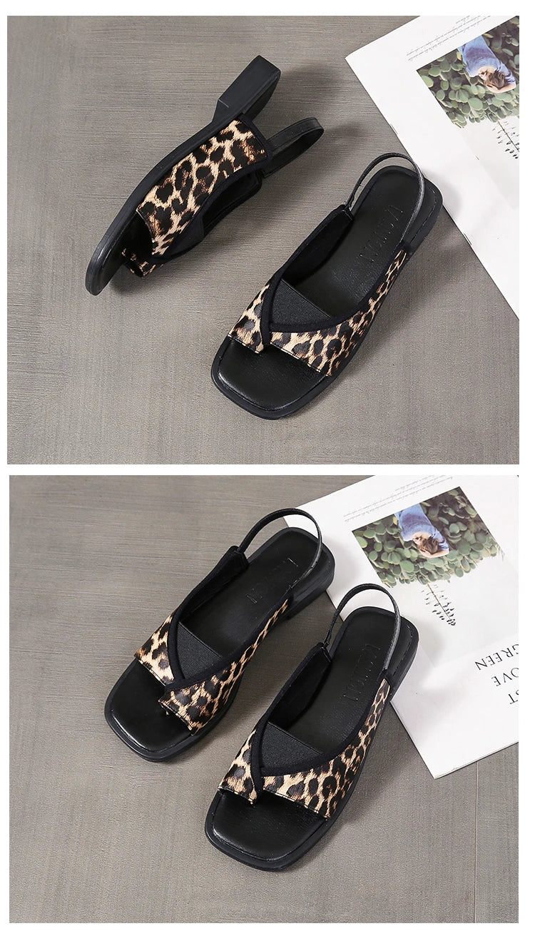 Womens Sandals New Summer Casual Vintage Open Toe Flip Flops Fashion Beach Flat Basic Square Head Leopard Pattern Designer Shoes