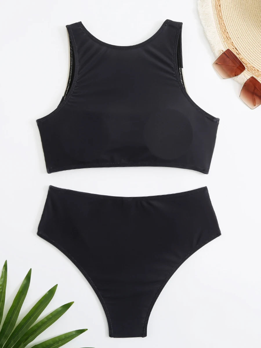 Sports Bikinis 2024 Women High Waist Swimsuit Solid High Neck Swimwear Female Bathers Bathing Swimming Suit Summer Beachwear
