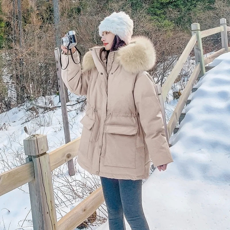 Korean Version of Work Clothes Hooded White Duck Down Jacket for Women's Thickened Clothing Casual Loose Winter F167