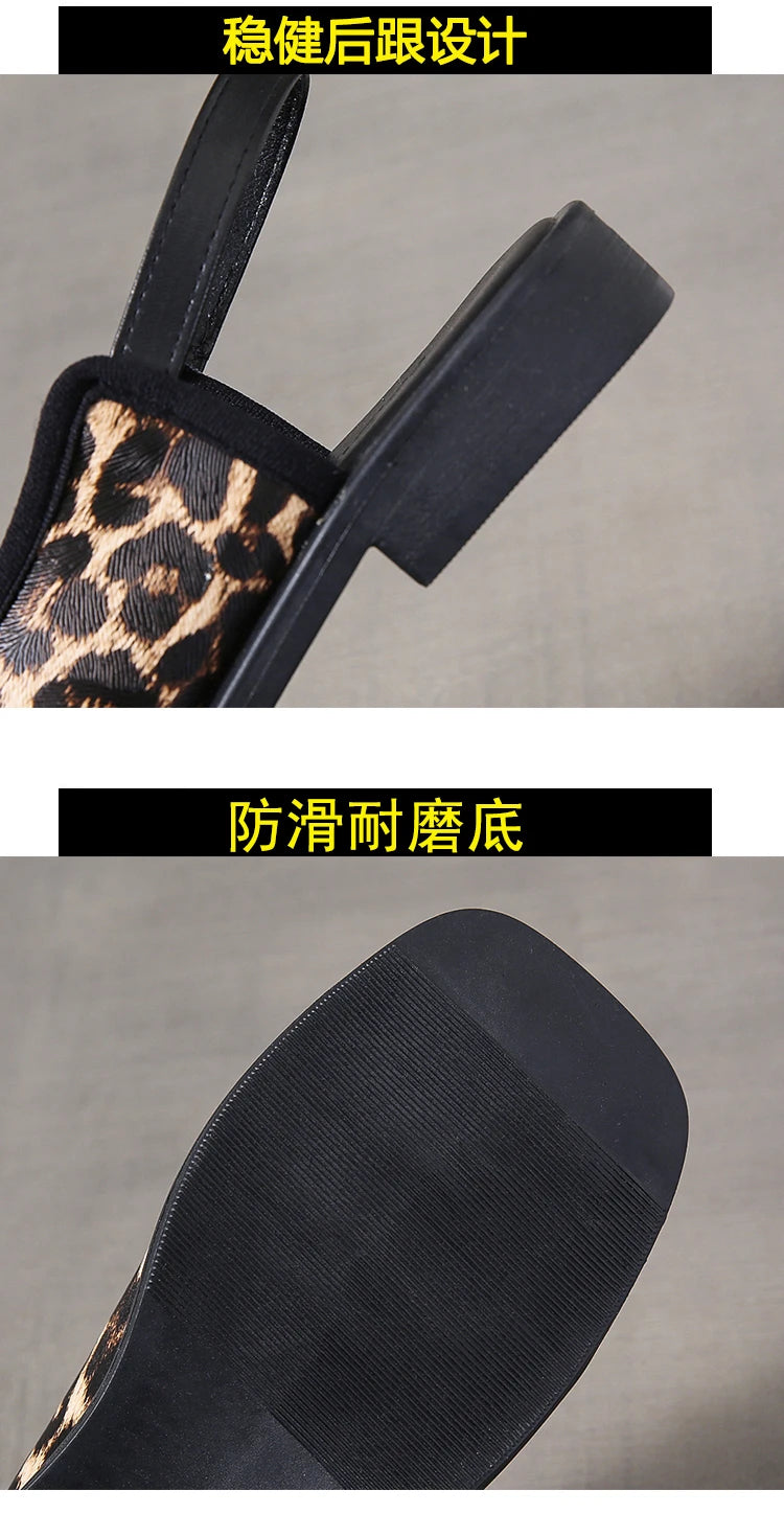 Womens Sandals New Summer Casual Vintage Open Toe Flip Flops Fashion Beach Flat Basic Square Head Leopard Pattern Designer Shoes
