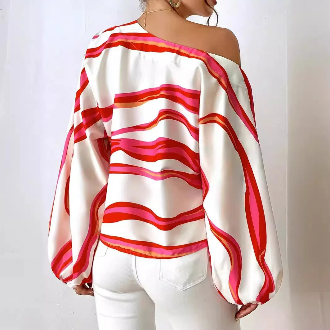 Printed Loose Women's Shirt Women One Shoulder Long Stripesd Blouse Top White Blouse Blusen Damen 2024 Sommer Chemisier Femmes