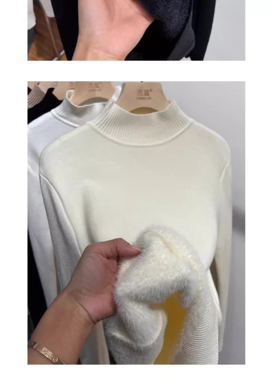 Women's Turtleneck Sweater Winter 2024 Retro Red with Velvet Lining Thickened Inner Wear Thermal Knitting Bottoming Shirt