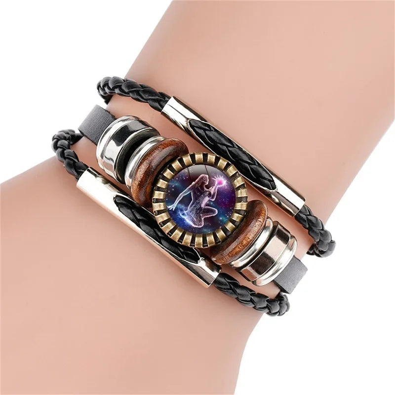 12 Constellations Black Woven Leather Metal Popper Luminous Glass Punk Style Jewelry Men's Bracelet
