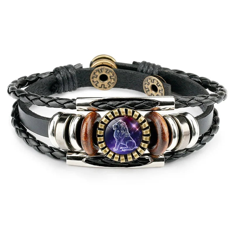 12 Constellations Black Woven Leather Metal Popper Luminous Glass Punk Style Jewelry Men's Bracelet