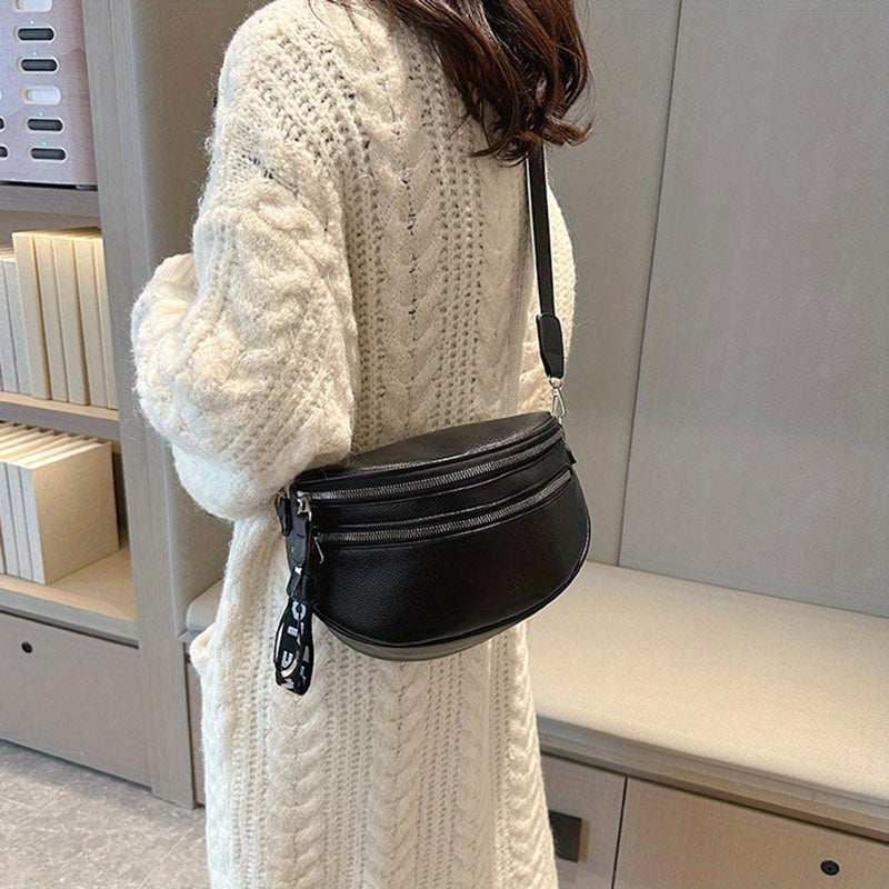 Double Zipper Waist Bag, Trendy Wide Strap Fanny Pack, PU Leather Crossbody Chest Bag With Small Coin Purse