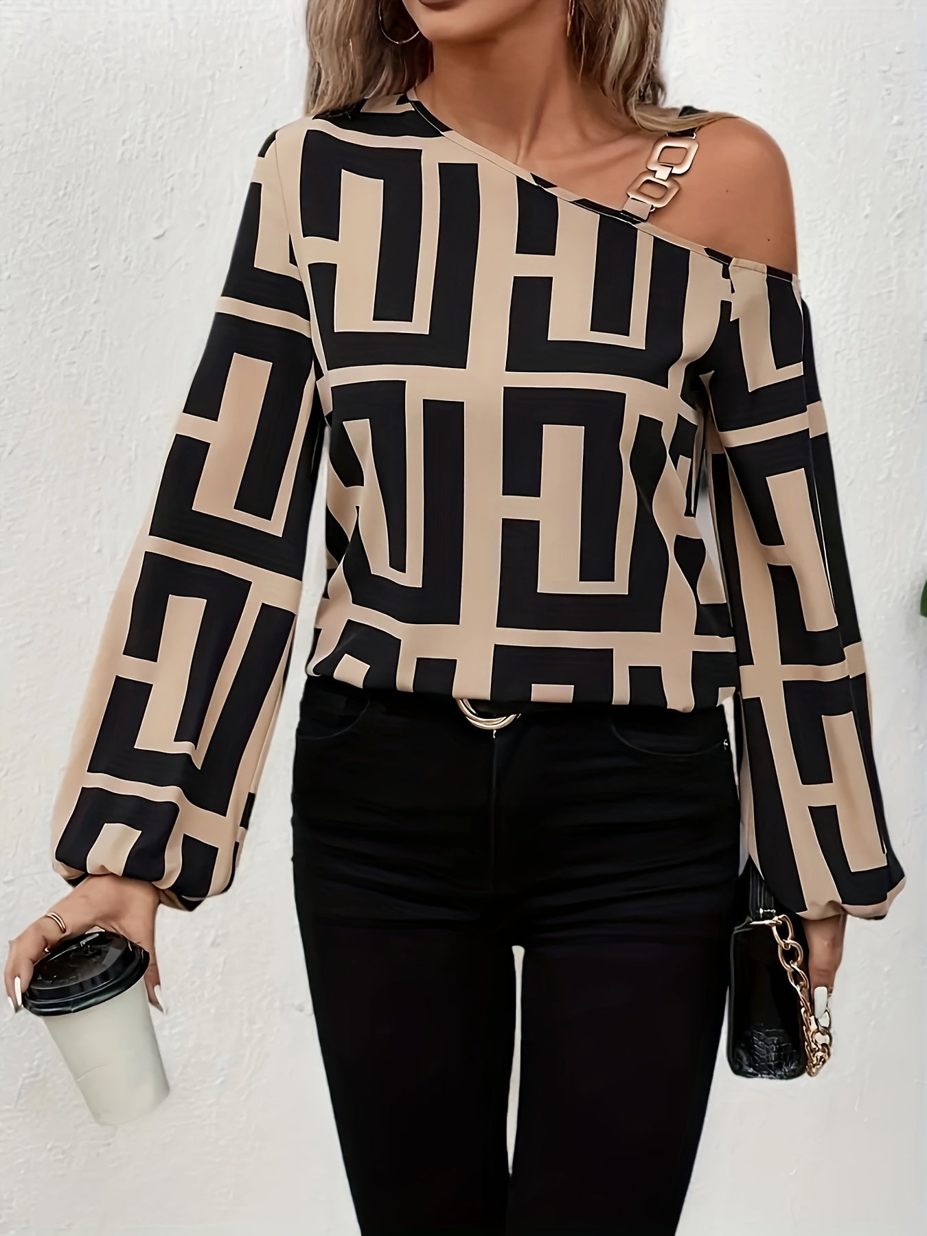 Greek Print Asymmetric Neck Blouse, Casual Long Sleeve Chain Strap Top For Spring & Fall, Women's Clothing
