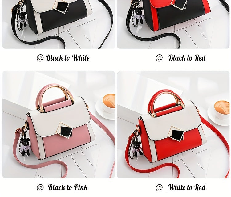 Color Contrast Crossbody Bag, Fashion PU Leather Handbag, Women's Top Handle Flap Purse