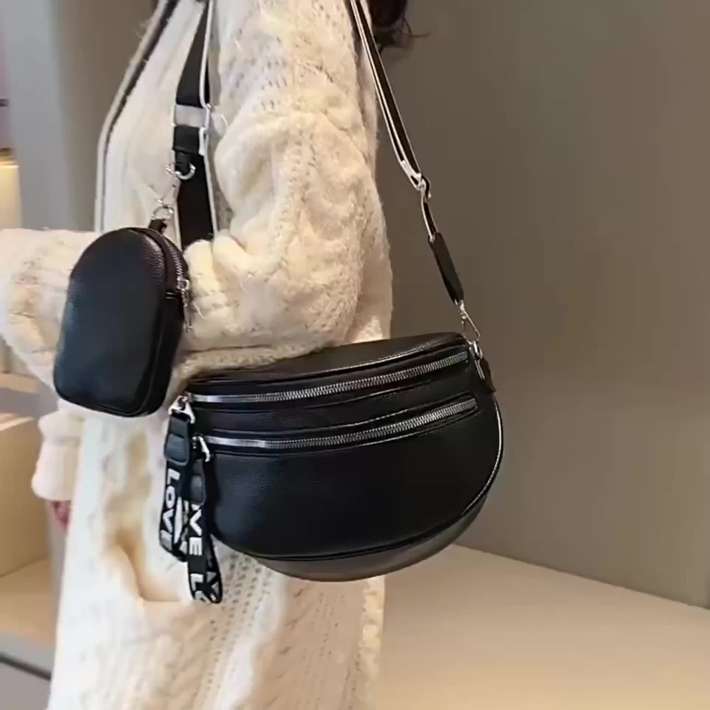 Double Zipper Waist Bag, Trendy Wide Strap Fanny Pack, PU Leather Crossbody Chest Bag With Small Coin Purse