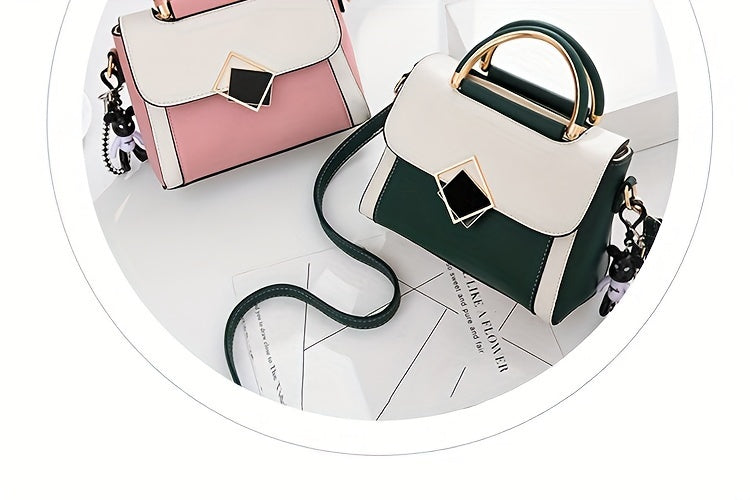 Color Contrast Crossbody Bag, Fashion PU Leather Handbag, Women's Top Handle Flap Purse
