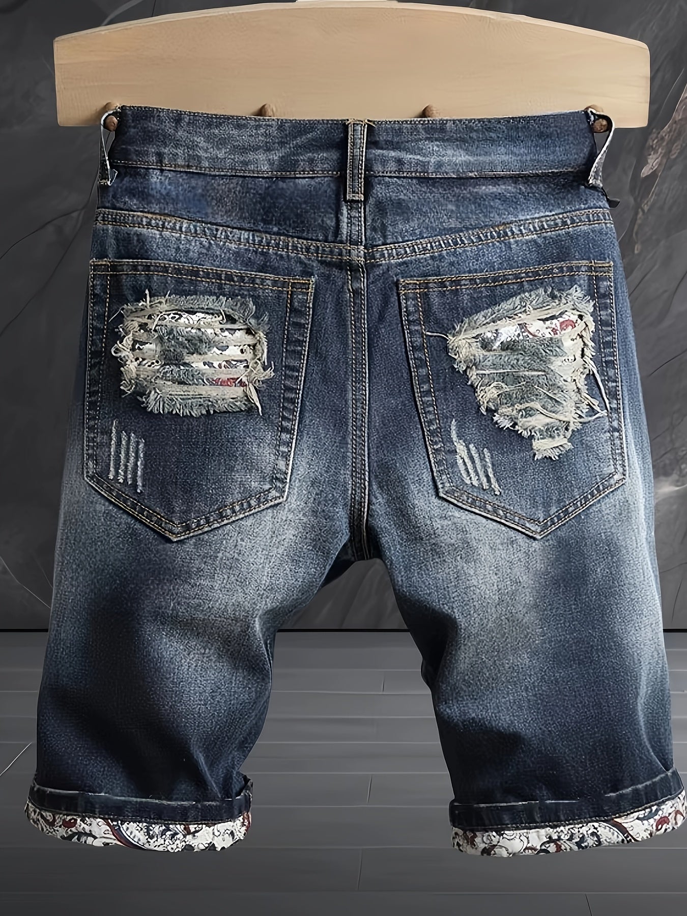 Men's Distressed Denim Shorts, Knee Length Jorts With Ripped Design & Patterned Hem