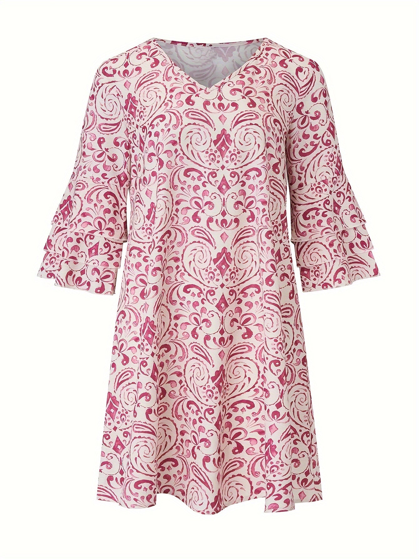 Allover Print V-neck Dress, Elegant Layered Flare Sleeve Dress For Spring & Fall, Women's Clothing