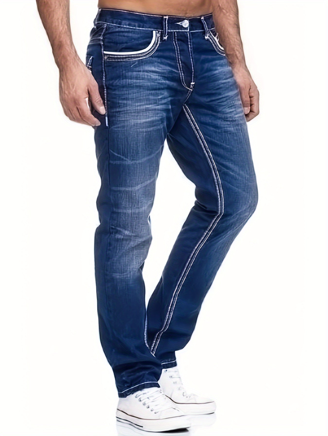 Men's Casual Slim Fit Jeans, Chic Street Style Medium Stretch Denim Pants