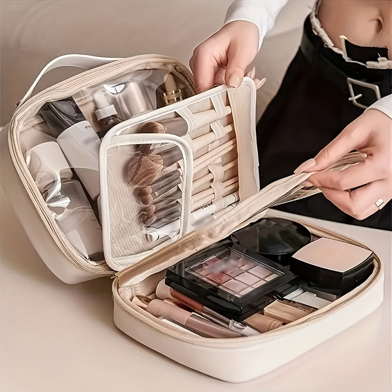 1pc Large Capacity Travel Makeup Bag With Clear Cosmetic Pouch - Perfect For Women's Toiletries And Makeup