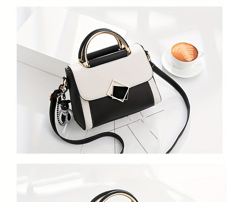 Color Contrast Crossbody Bag, Fashion PU Leather Handbag, Women's Top Handle Flap Purse