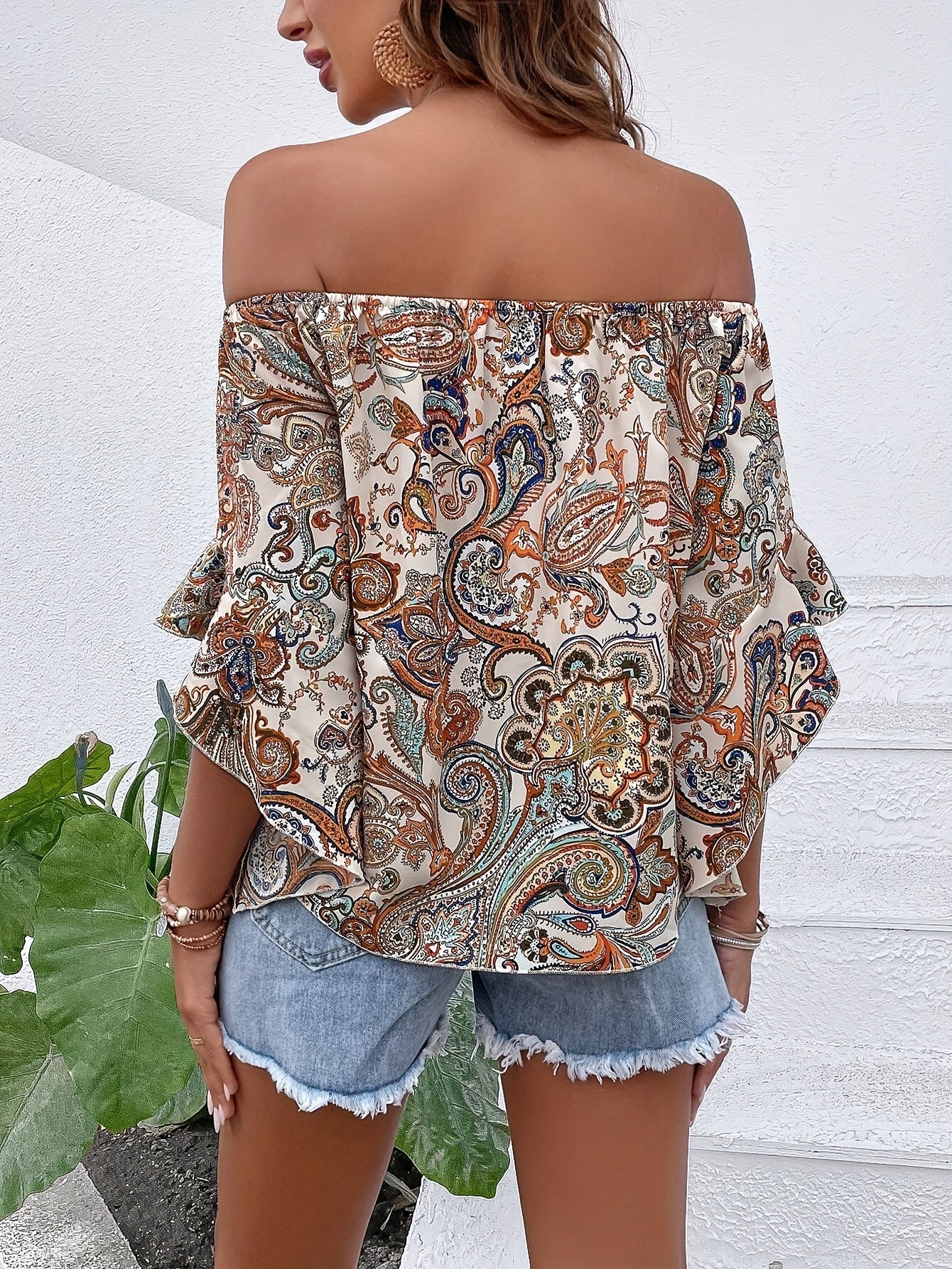 Paisley Print Off-shoulder Blouse, Boho Straight Neck Flare Sleeve Blouse For Spring & Summer, Women's Clothing