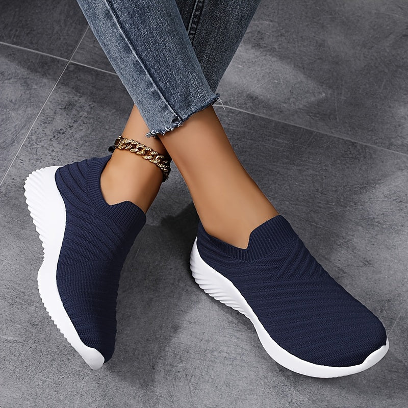 Women's Solid Color Knitted Sneakers, Slip On Lightweight Soft Sole Walking Shoes, Breathable Low-top Sock Shoes
