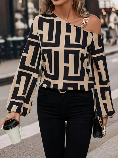 Greek Print Asymmetric Neck Blouse, Casual Long Sleeve Chain Strap Top For Spring & Fall, Women's Clothing