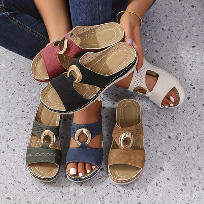 Women's Solid Color Wedge Heeled Sandals, Casual Open Toe Platform Shoes, Comfortable Slip On Sandals