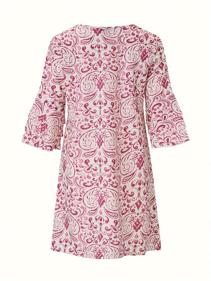 Allover Print V-neck Dress, Elegant Layered Flare Sleeve Dress For Spring & Fall, Women's Clothing