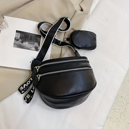 Double Zipper Waist Bag, Trendy Wide Strap Fanny Pack, PU Leather Crossbody Chest Bag With Small Coin Purse