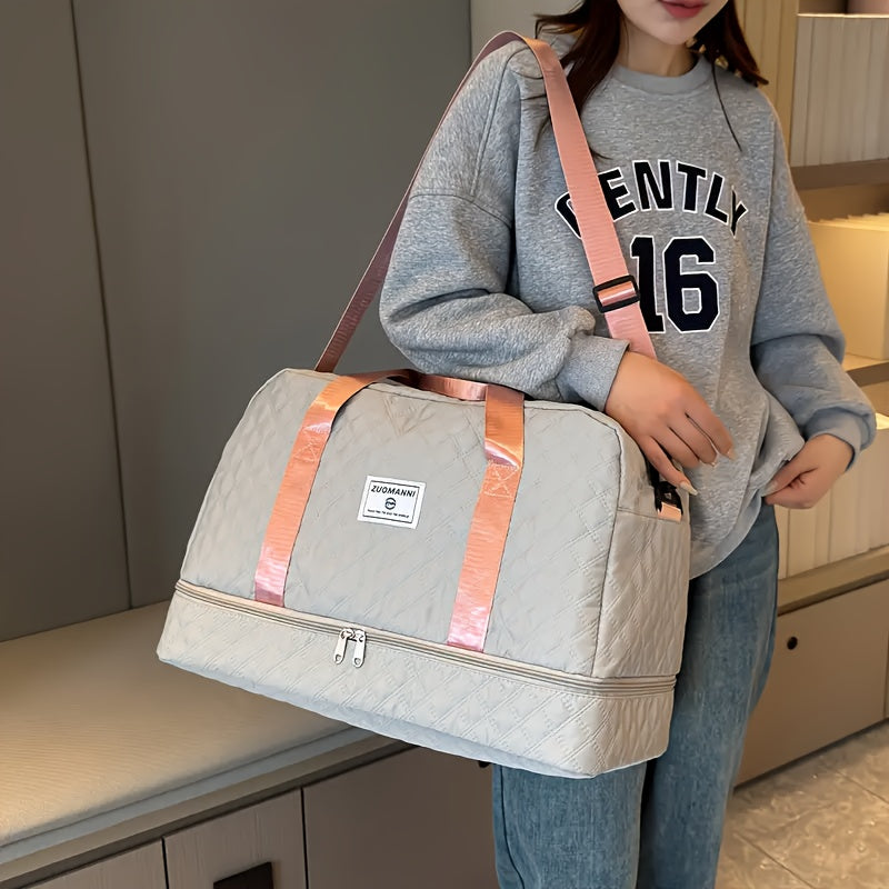 Quilted Oxford Fabric Travel Bag With Separate Shoe Compartment, Lightweight Yoga Duffel, Dry And Wet Separation Storage Bag