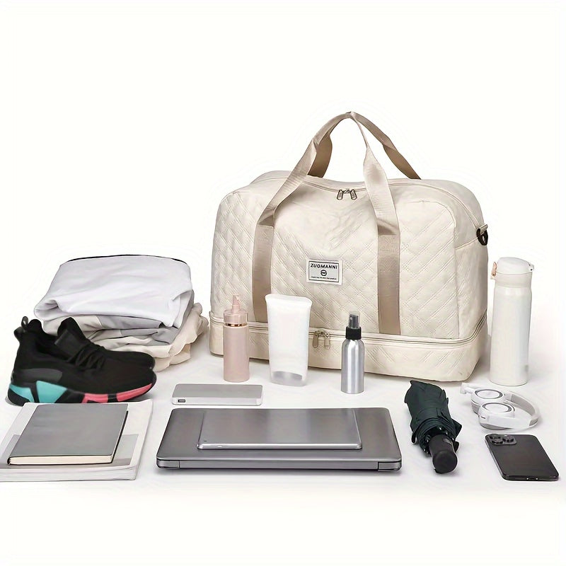 Quilted Oxford Fabric Travel Bag With Separate Shoe Compartment, Lightweight Yoga Duffel, Dry And Wet Separation Storage Bag
