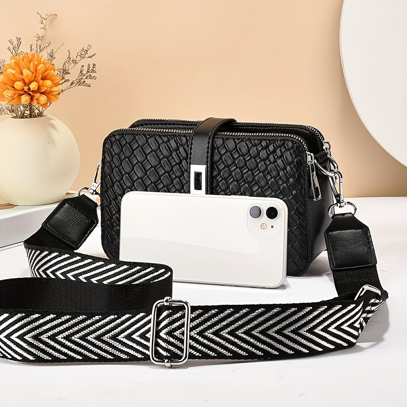 Women's Crossbody Shoulder Bag, Multi-Layer Ladies Handbag, Woven Pattern Mobile Phone Wallet