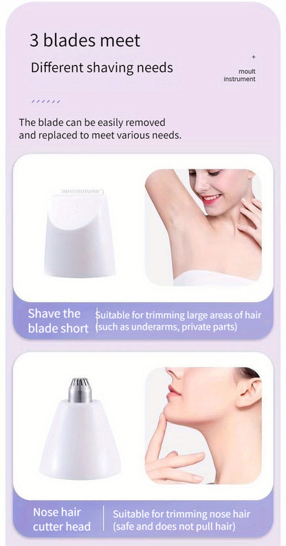 3-in-1 Electric Hair Removal Kit For Women - USB Rechargeable Facial Trimmer, Nose Hair Trimmer, Full-Body Epilator, Gifts For Women