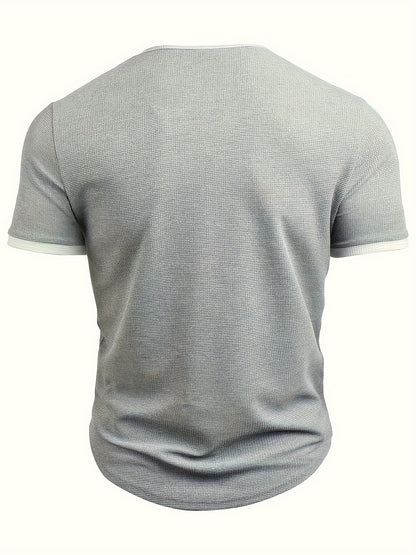 Solid And Letter Print "FAITH" Waffle Knit V-neck And Short Sleeve T-shirt, Casual And Trendy Tops For Men's Summer Outdoors Wear