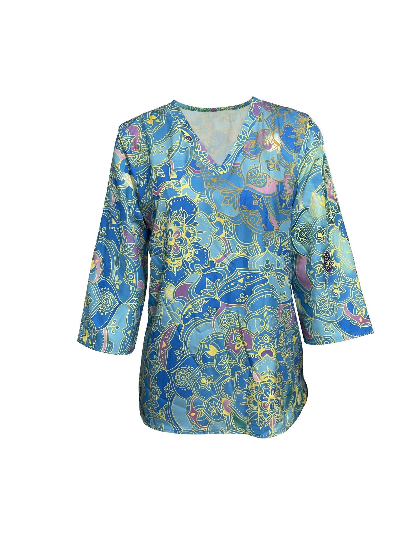 Women's 3/4 Sleeve V-Neck Blouse Polyester Elastane Blend Casual Geometric Pattern All-Season Knit Fabric Loose Fit Shirt for Adults