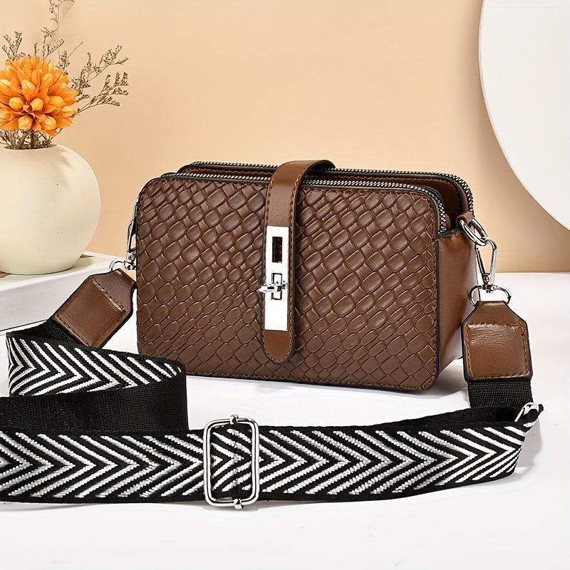 Women's Crossbody Shoulder Bag, Multi-Layer Ladies Handbag, Woven Pattern Mobile Phone Wallet