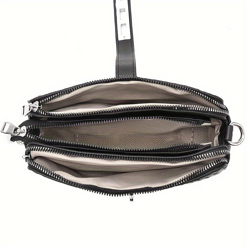 Women's Crossbody Shoulder Bag, Multi-Layer Ladies Handbag, Woven Pattern Mobile Phone Wallet