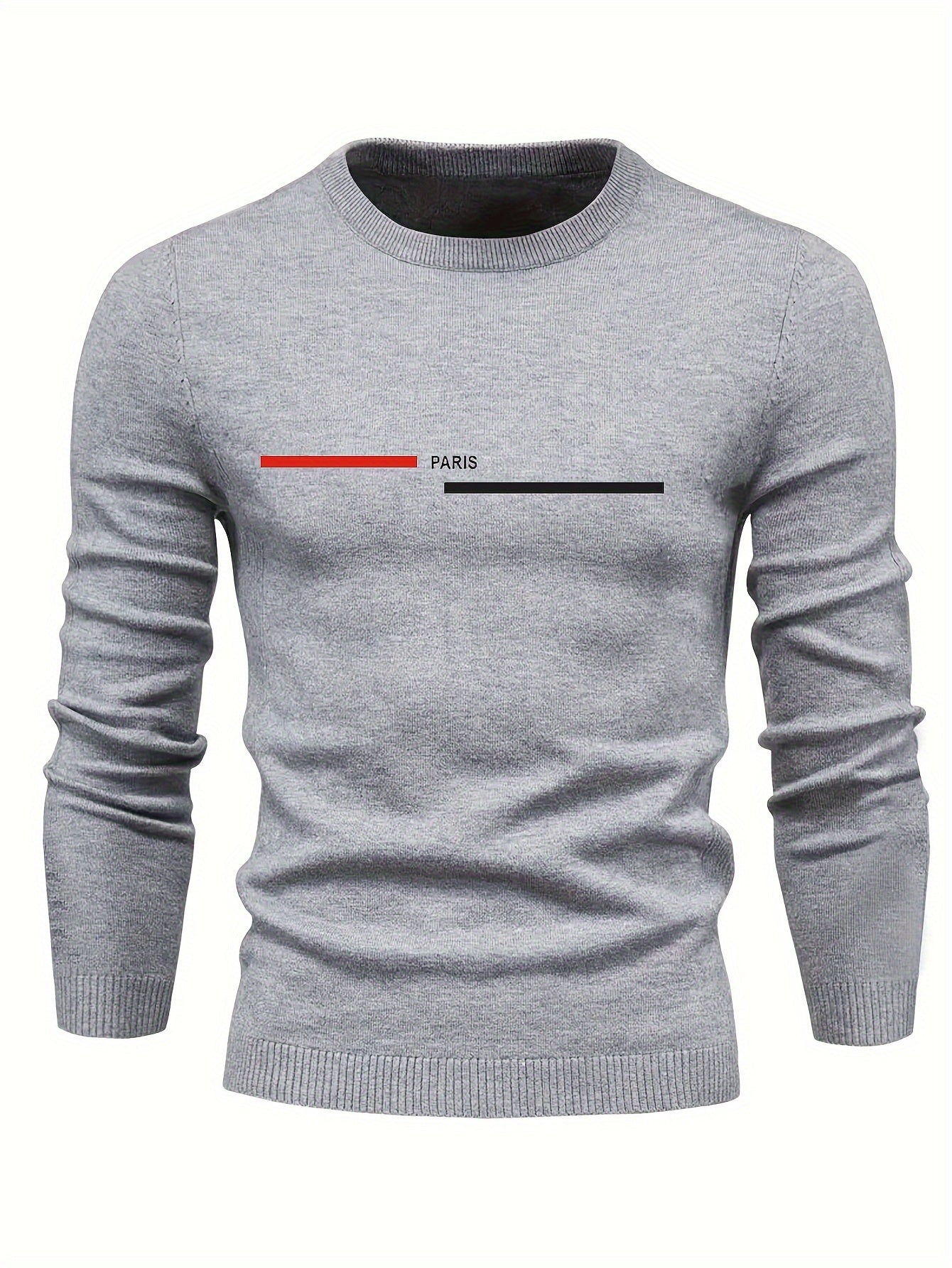 PARIS Print Men's Casual Stretch Long Sleeve Knitted Round Neck Sweater, Spring Fall Pullover Top