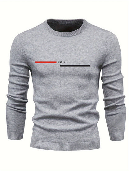 PARIS Print Men's Casual Stretch Long Sleeve Knitted Round Neck Sweater, Spring Fall Pullover Top