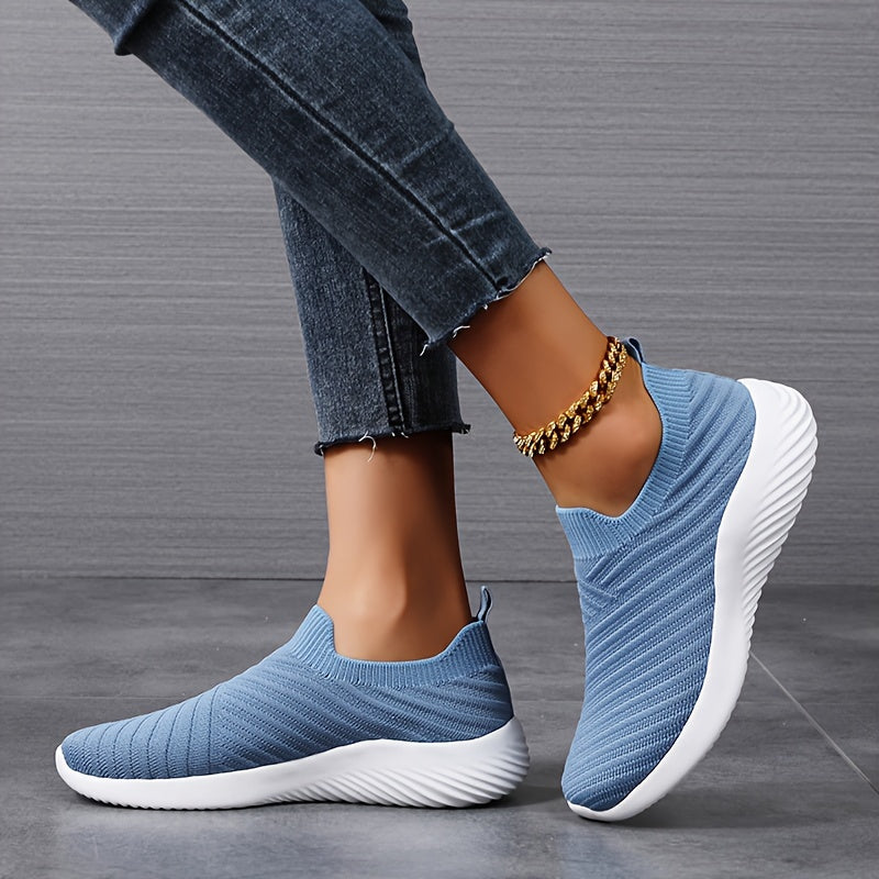 Women's Solid Color Knitted Sneakers, Slip On Lightweight Soft Sole Walking Shoes, Breathable Low-top Sock Shoes