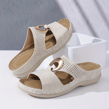 Women's Solid Color Wedge Heeled Sandals, Casual Open Toe Platform Shoes, Comfortable Slip On Sandals