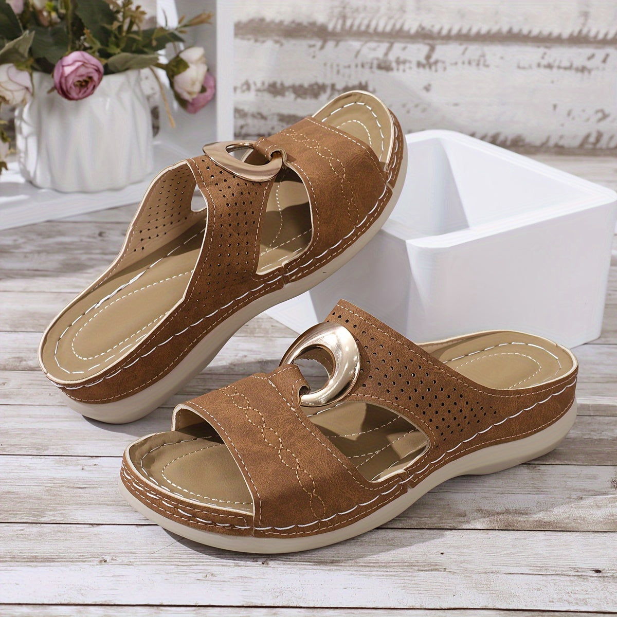 Women's Solid Color Wedge Heeled Sandals, Casual Open Toe Platform Shoes, Comfortable Slip On Sandals