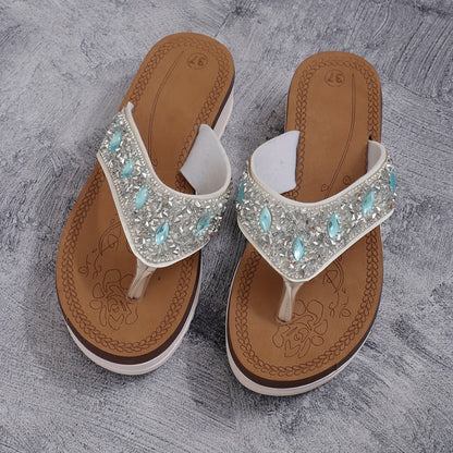 Women's Rhinestone Decor Flip Flops, Stylish Summer Flat Slide Shoes, Casual Outdoor Travel Beach Shoes