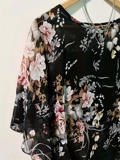 Floral Print Semi-sheer Blouse, Elegant Batwing Sleeve Irregular Hem Top For Spring & Summer, Women's Clothing