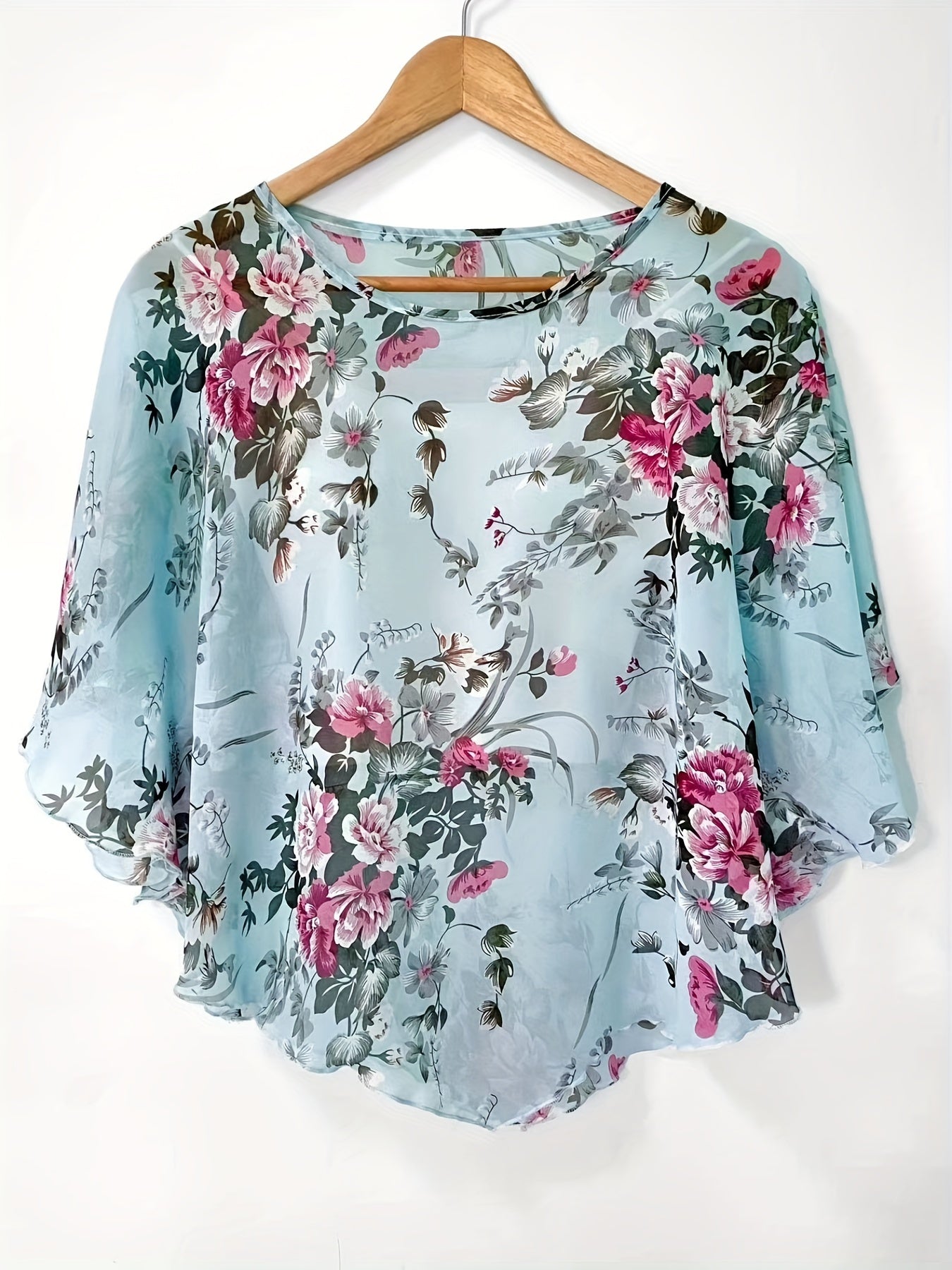 Floral Print Semi-sheer Blouse, Elegant Batwing Sleeve Irregular Hem Top For Spring & Summer, Women's Clothing