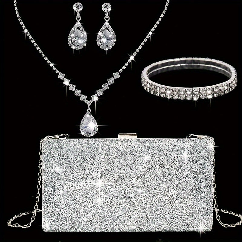 4pcs Luxury Rhinestone Evening Bag With Jewelry, 1 Set Glitter Wedding Party Prom Banquet Clutch Purse With Sparkly Earrings Necklace And Bracelet For Women