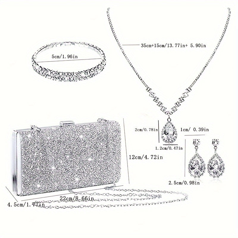 4pcs Luxury Rhinestone Evening Bag With Jewelry, 1 Set Glitter Wedding Party Prom Banquet Clutch Purse With Sparkly Earrings Necklace And Bracelet For Women